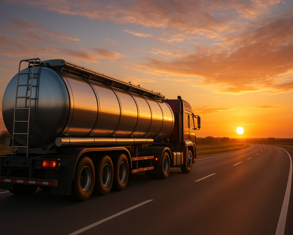 Camión cisterna en un atardecer