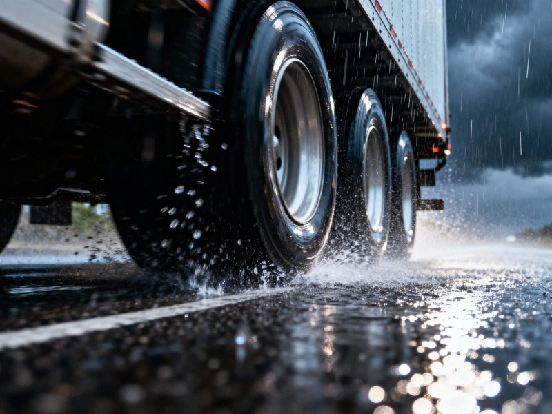 Ruedas de un camión con lluvia